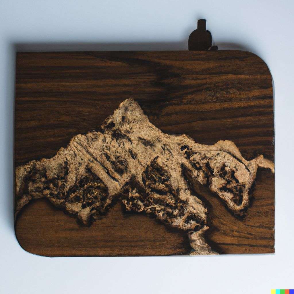 someone gazing at Mount Everest, pyrography on a piece of wood